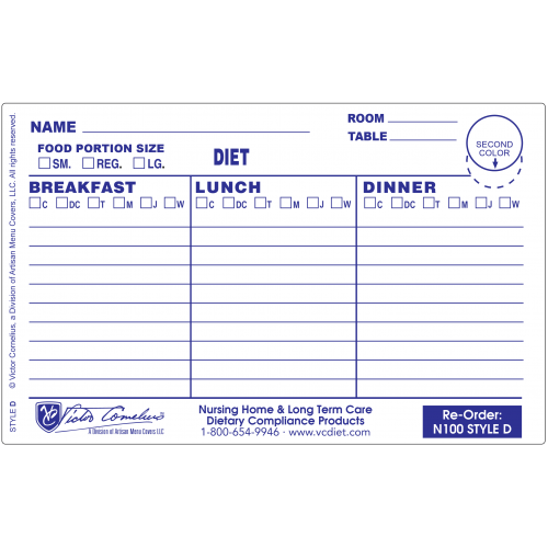 N100D Plastex Dietary Tray Cards with Pre attached laminate